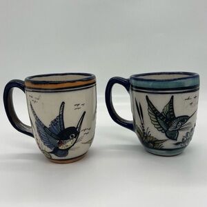 Pair of Red Ware Pottery Mugs Hummingbird Floral Signed San Antonio Guatemala